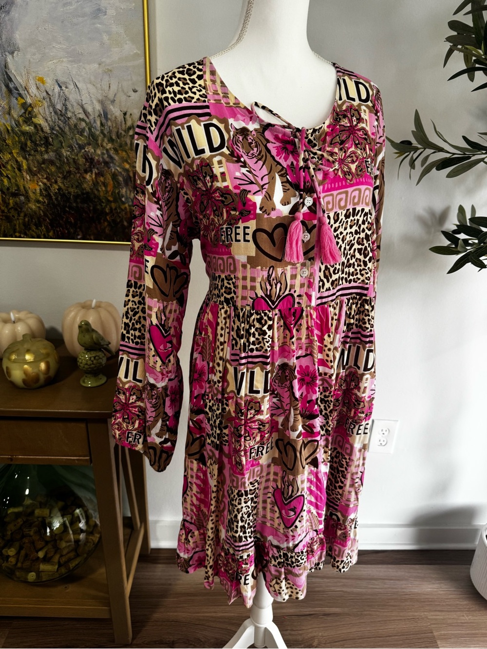Pink Graphic & Animal-Print Midi Dress with Tassel Tie